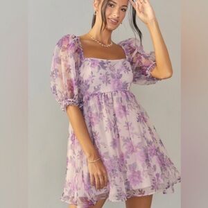 Purple floral puff sleeve dress